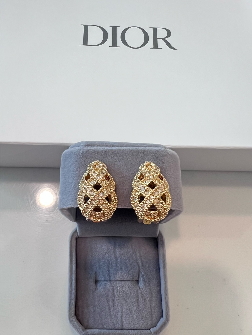 Dior Gold Crystal Lattice Teardrop Clip-On Earrings